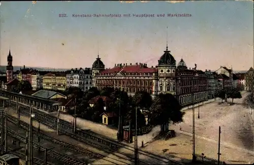 Ak Konstanz am Bodensee, Bahnhofsplatz mit Hauptpost und Markstätte