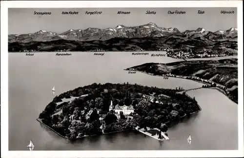 Ak Insel Mainau im Bodensee, Luftbild der Insel, Gebirge, Säntis