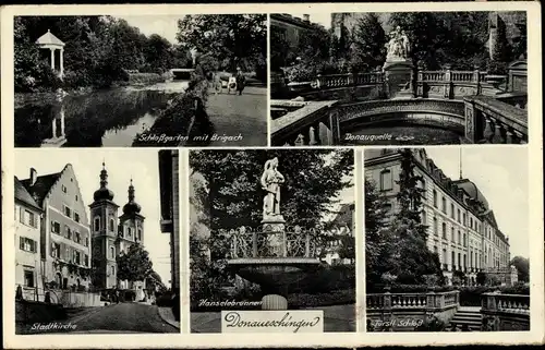 Ak Donaueschingen im Schwarzwald, Stadtkirche, Schloss, Hänselebrunnen, Donauquelle, Schloßgarten