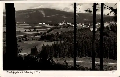 Ak Bischofsgrün im Fichtelgebirge, Blick aus dem Wald nach Ort mit Schneeberg