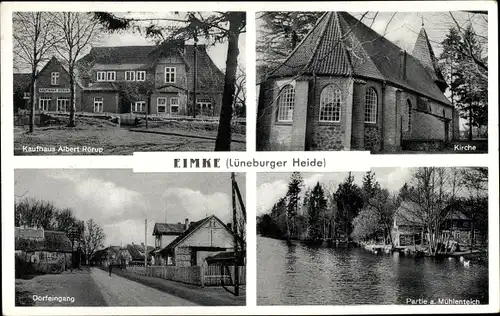 Ak Eimke in der Lüneburger Heide, Kaufhaus Albert Rörup, Kirche, Dorfpartie, Mühlenteich