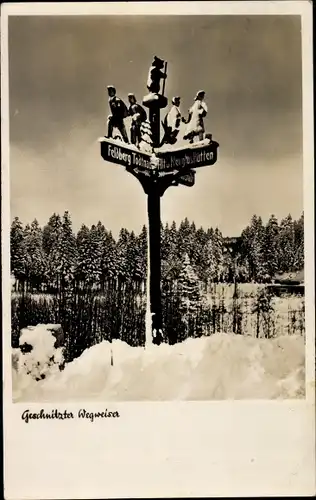 Ak Wehr in Baden, Geschnitzter Wegweiser im Winter
