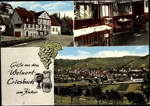 Ak Criesbach Ingelfingen in Baden Württemberg, Gesamtansicht, Weintrauben, Wein, Gasthaus zur Krone