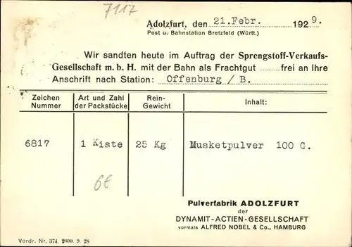 Ak Adolzfurt Bretzfeld in Württemberg, Pulverfabrik, Geschickte Waren, Musketpulver