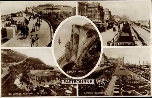 Ak Eastbourne East Sussex England, Carpet Gardens, Beachy Head, The Wish Tower, Tea Chalet