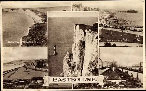 Ak Eastbourne East Sussex England, Carpet Gardens, Beachy Head, Western Lawns, Pier