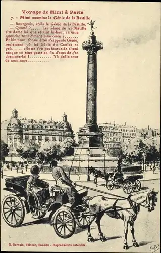 Künstler Ak Voyage de Mimi à Paris, No 7, Mimi examine le Genié de la Bastille, Kutsche, G. Gervais