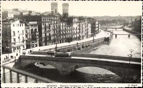 Ak Gerona Girona Katalonien, Rambla Verdaguer y rio Onar