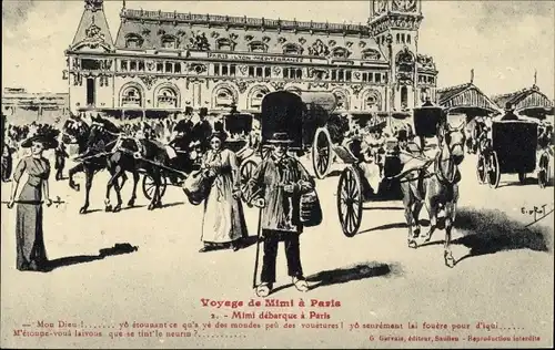 Künstler Ak Rot, E. D., Paris, Voyage de Mimi, Mimi debarque a Paris