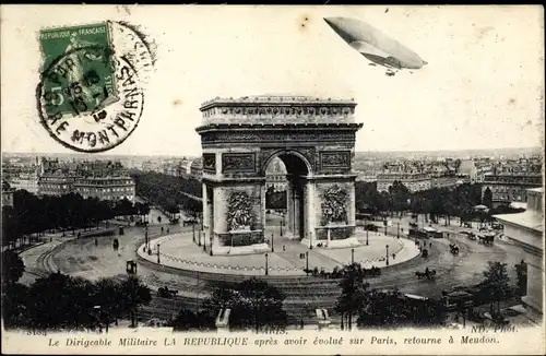 Ak Paris, Dirigéable militaire République, Arc de Triomphe