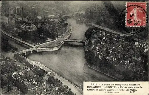 Ak Paris, A bord du Dirigeable militaire Eclaireur Conte, Panorama vers le Quartier Notre Dame