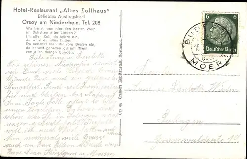 Ak Orsoy Rheinberg am Niederrhein, Hotel Restaurant Altes Zollhaus