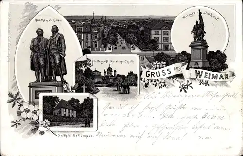 Litho Weimar in Thüringen, Schiller und Goethe Denkmal, Fürstengruft, Russische Kapelle