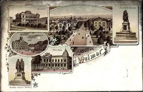 Litho Weimar in Thüringen, Schiller und Goethe Denkmal, Museum, Postamt, Markt, Rathaus