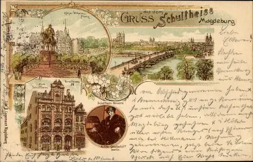 Litho Magdeburg an der Elbe, Brauerei Zum Schultheiss, Breiteweg 29, Kaiser Wilhelms Platz