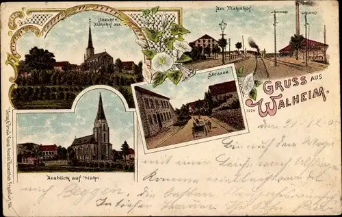 Litho Walheim Aachen in Nordrhein Westfalen, Bahnhof, Gleisseite, Ausblick auf Hahn, Straßenpartie