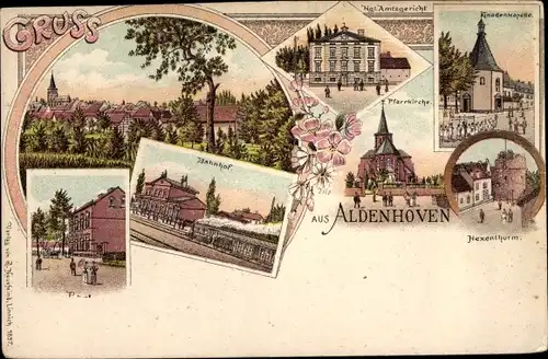 Litho Aldenhoven in Nordrhein Westfalen, Amtsgericht, Gnadenkapelle, Hexenturm, Bahnhof, Post