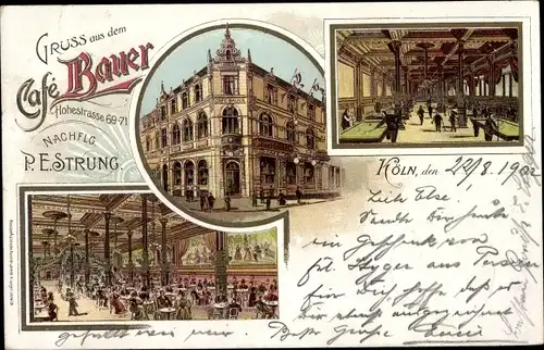 Litho Köln am Rhein, Café Bauer, Hohe Straße 69-71, Innenansicht, Billard