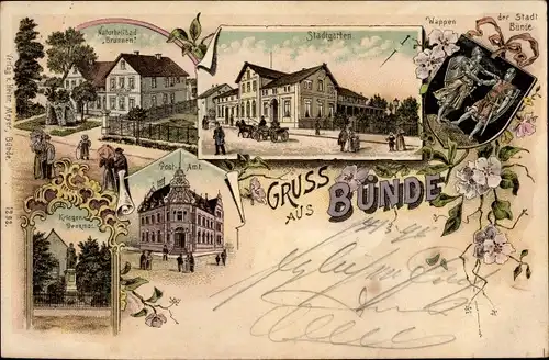 Litho Bünde in Westfalen, Stadtwappen, Stadtgarten, Naturheilbad Brunnen, Kriegerdenkmal