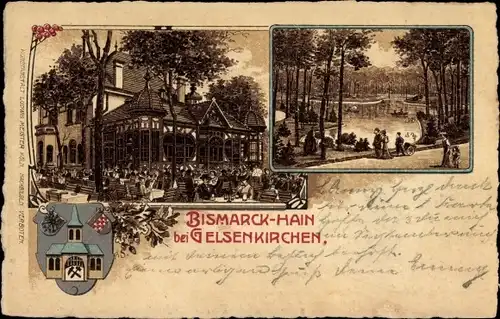 Wappen Litho Gelsenkirchen im Ruhrgebiet, Bismarck Hain, Gasthaus, Teich