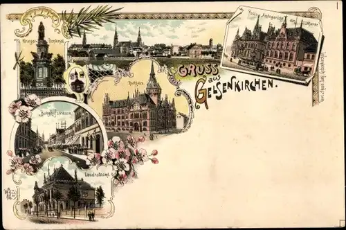 Litho Gelsenkirchen im Ruhrgebiet, Kriegerdenkmal, Rathaus, Bahnhofstraße, Landratsamt