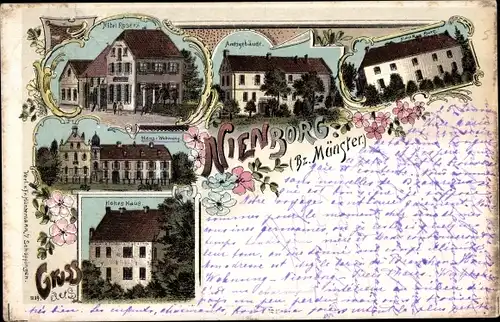 Litho Nienborg Heek in Westfalen, Amtsgebäude, Hotel Rose, Hohes Haus