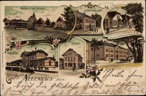 Litho Neuenhaus in Niedersachsen, Amtsgericht, Postamt, Bahnhof, Gleisseite, Verwaltungsamt