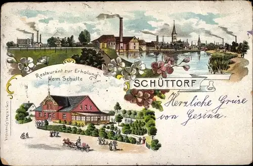 Litho Schüttorf in der Grafschaft Bentheim, Restaurant zur Erholung, Blick auf den Ort