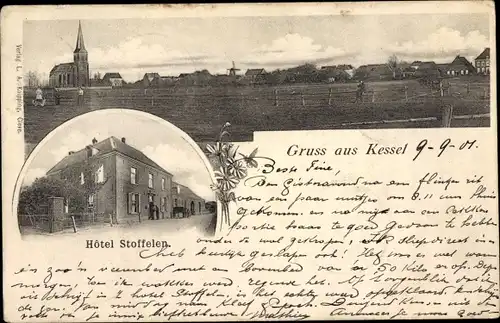 Ak Kessel Goch am Niederrhein, Gesamtansicht, Kirche, Hotel Stoffelen