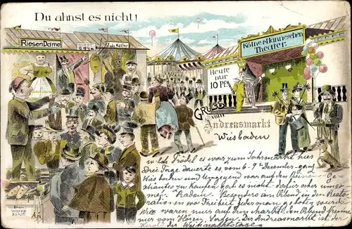 Litho Gruß vom Andreasmarkt, Bauernmarkt, Jahrmarkt, Karusell, Kölner Hännesehen Theater