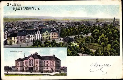 Litho Kaiserslautern in der Pfalz, Barbarossa Schule, Blick auf den Ort