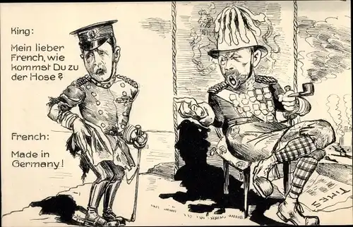Ak König Georg V von Großbritannien, John French mit kaputter Hose, Karikatur, Propaganda