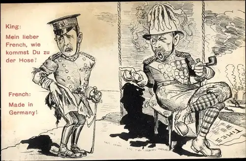 Ak König Georg V von Großbritannien, John French mit kaputter Hose, Karikatur, Propaganda