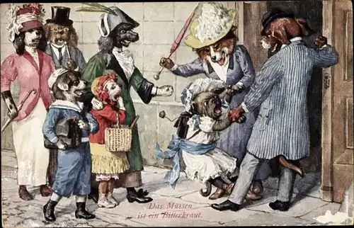 Künstler Ak Thiele, Arthur, Vermenschlichte Hunde, Kind wird in die Schule gezerrt