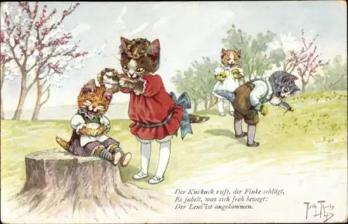 Künstler Ak Thiele, Arthur, Vermenschlichte Hauskatzen, Frühlingsidylle, Blumenkranz