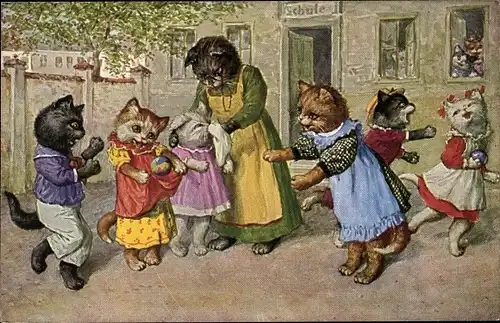 Künstler Ak Thiele, Arthur, Vermenschlichte Katzen, Schulpause, Schulklasse, Lehrerin