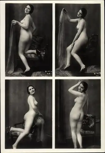 Foto Frauenakt, vier Ansichten einer posierenden nackten Frau, Busen