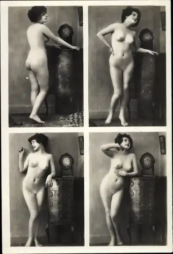 Foto Frauenakt, vier Ansichten einer stehenden nackten Frau, Kommode mit Uhr, Busen