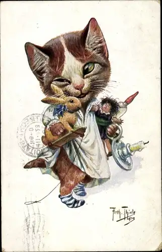 Künstler Ak Thiele, Arthur, Vermenschlichte Katze mit Spielzeug