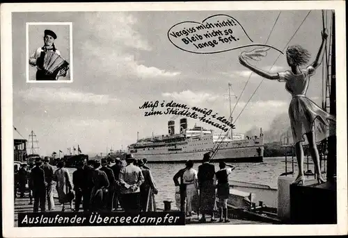 Ak Hamburg, Partie im Hafen, Überseedampfer beim Auslaufen