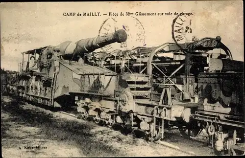 Ak Mailly le Camp Aube, Pièce de 32 cm Glissement sur voie de garage, französ. Eisenbahngeschütz