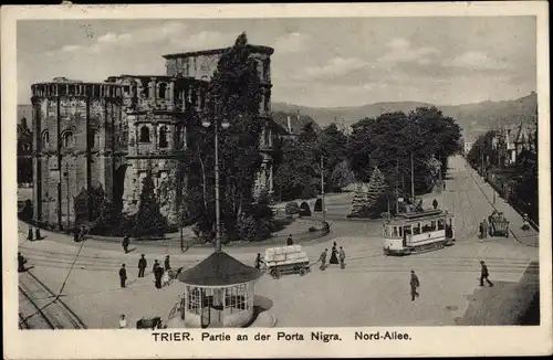 Ak Trier an der Mosel, Partie an der Porta Nigra, Nord-Allee, Straßenbahn