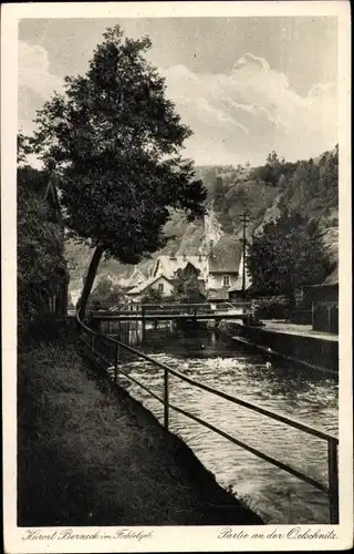 Ak Bad Berneck im Fichtelgebirge Oberfranken, Partie an der Oelschnitz, Brückenpartie