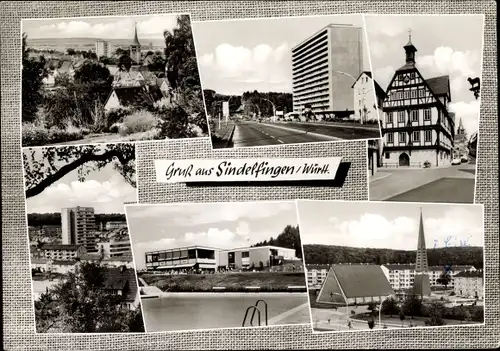 Ak Sindelfingen in Württemberg, Schwimmbad, Fachwerk, Kirchturm, Teilansichten