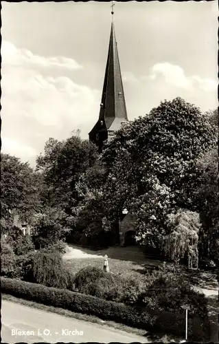 Ak Blexen Nordenham in Oldenburg, Kirche, Kirchturmspitze mit Park