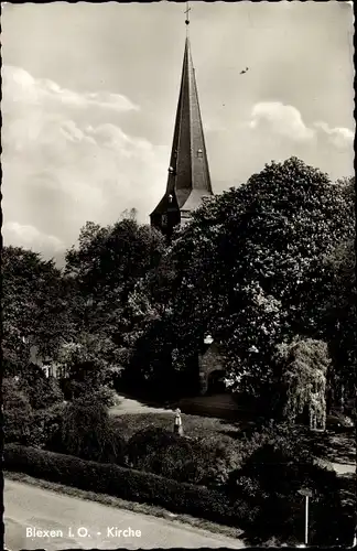 Ak Blexen Nordenham in Oldenburg, Kirche, Kirchturmspitze, Parkanlage
