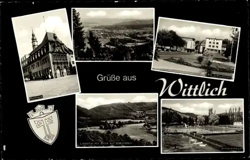 Ak Wittlich in der Eifel, Schwimmbad, Rathaus, Unkenstein, Gesamtansicht, Schlossplatz, Wappen
