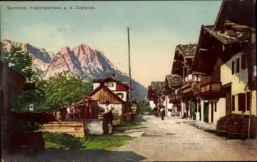 Ak Garmisch Partenkirchen in Oberbayern, Frühlingstraße, Zugspitze