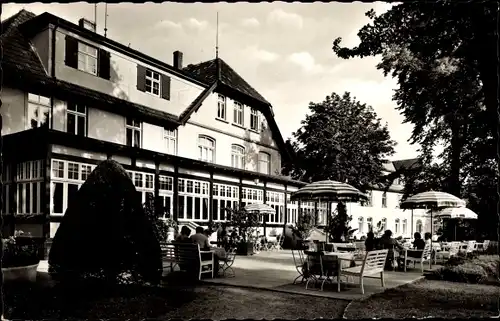 Ak Hüsede Bad Essen in Niedersachsen, Rathaus, Hotel, Terrasse