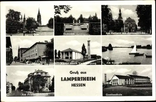 Ak Lampertheim am Rhein Hessen, Dom, Ehrenmal, Rathaus, Andreaskirche, Goetheschule